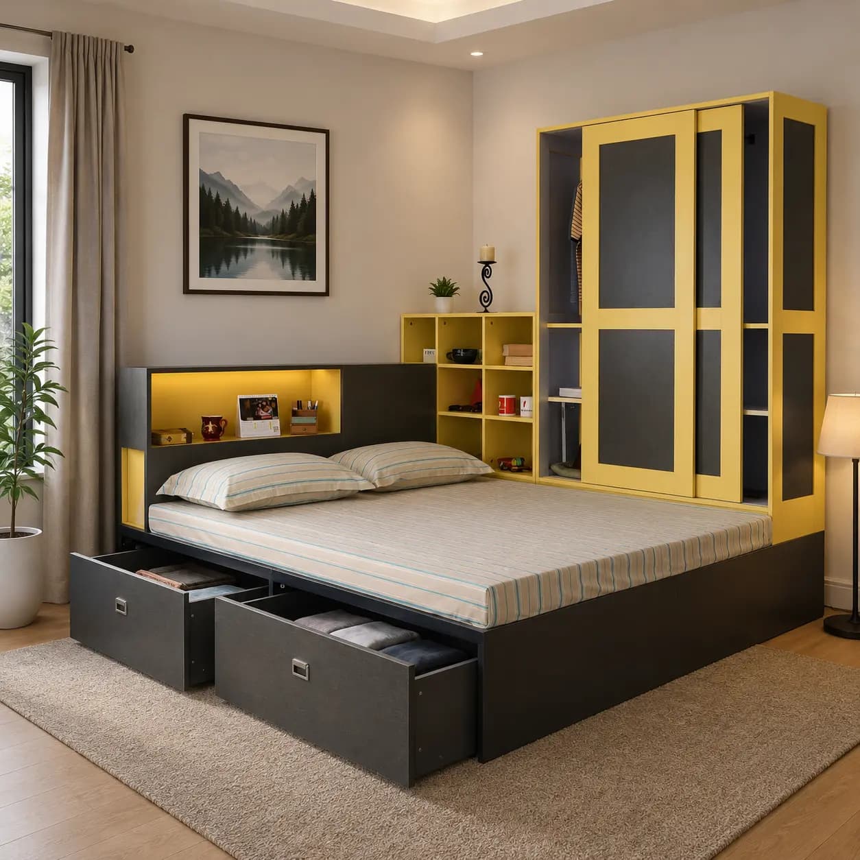 Infinite Double Bed with Mattress, Storage and Bookshelves